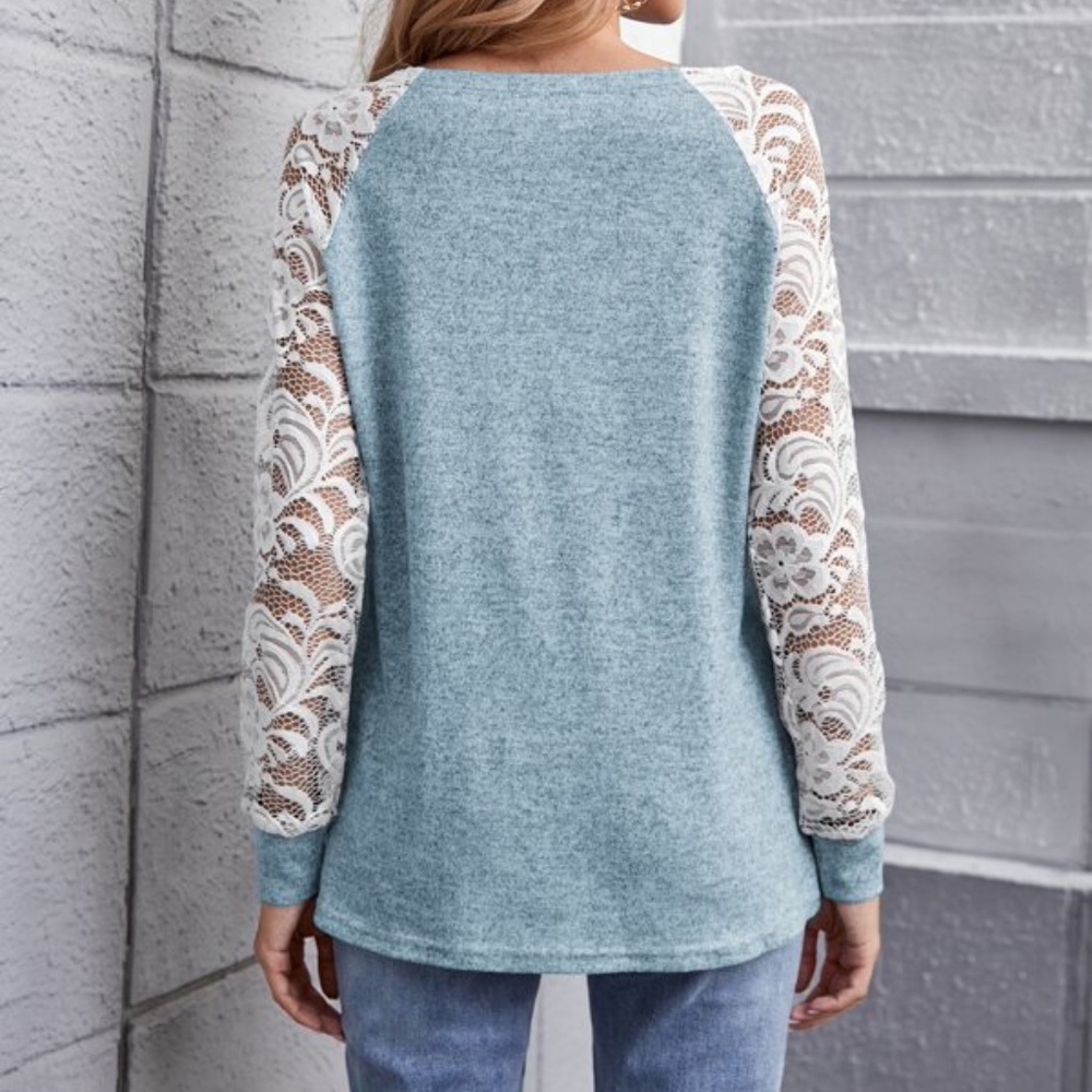 Cozy Boho Dusty Pink Floral Lace Sheer Sleeve Top - Picture 13 of 14